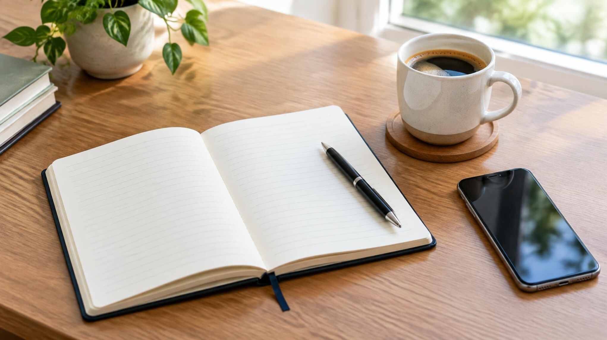 Open notebook with pen next to a phone on desk