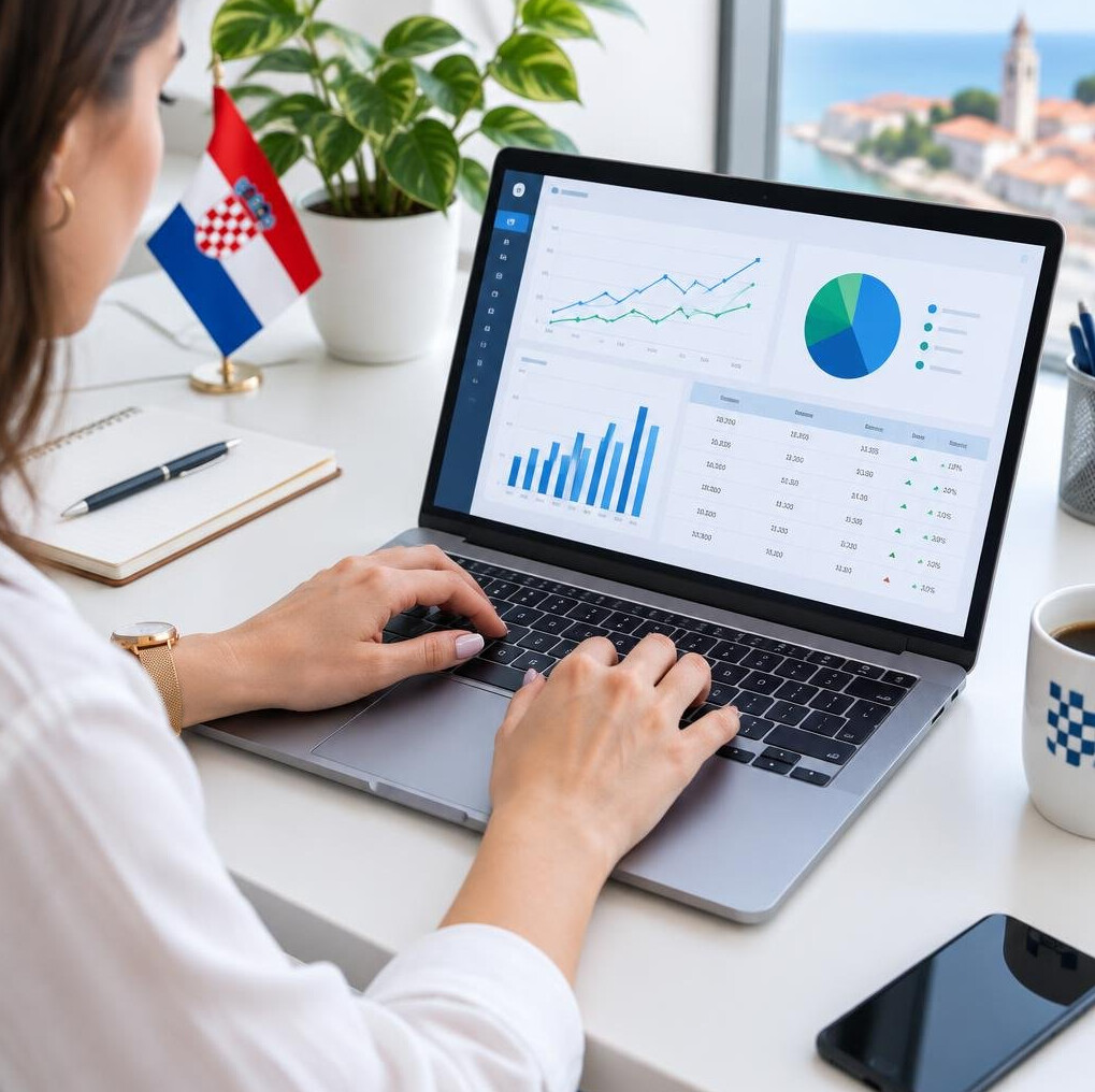 Person typing on laptop with code and charts on screen
