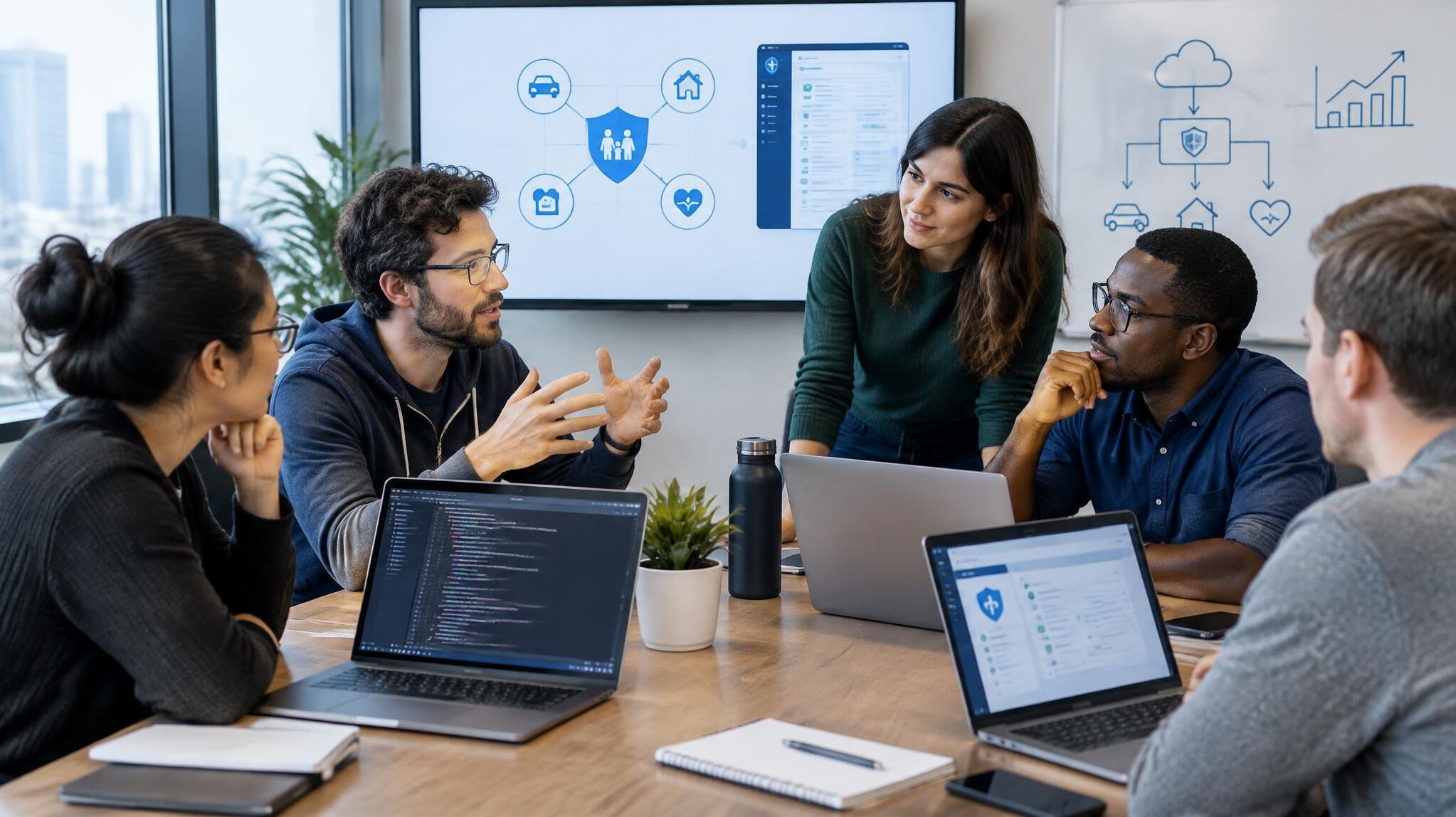 team discussing insurance tech