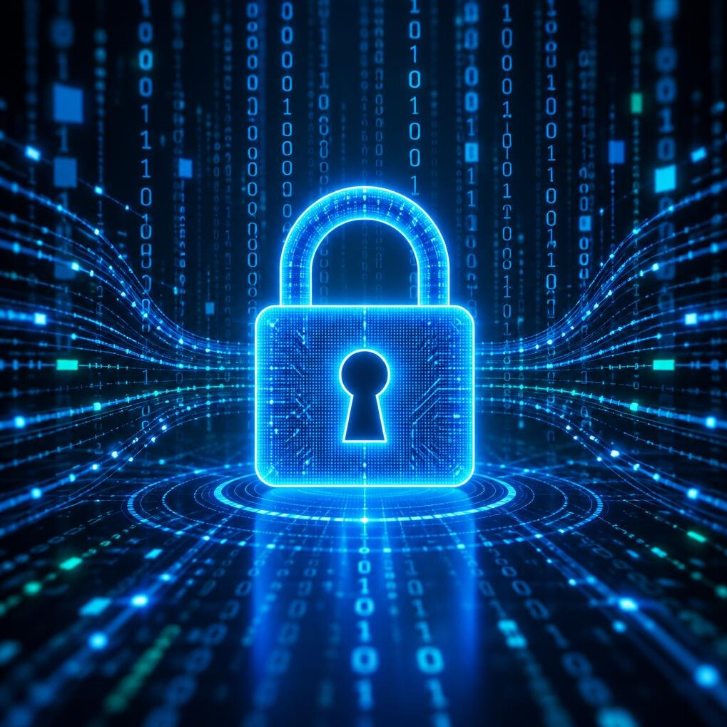 Padlock icon over digital binary background