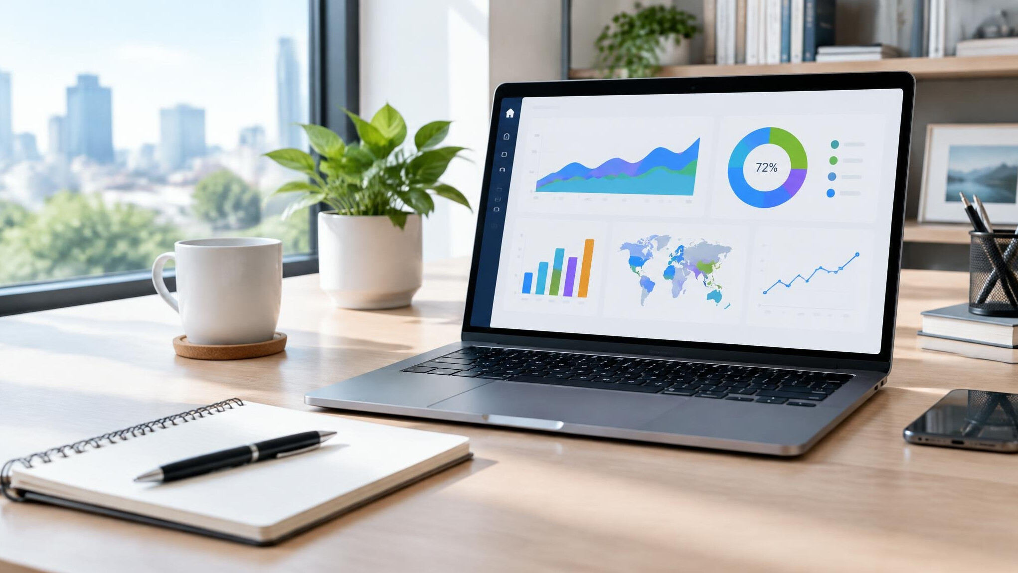 Modern office desk with laptop showing data charts