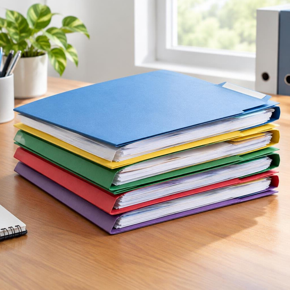 Stack of office folders and documents